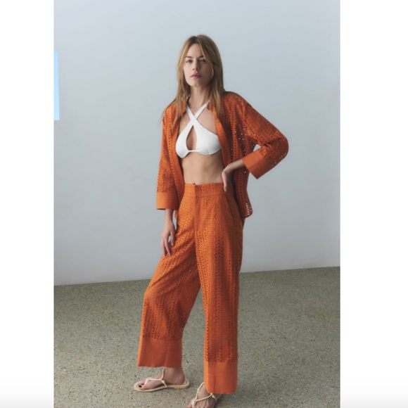 Zara Pants & Jumpsuits New Zara Topstitched Embroidered Pants Burnt